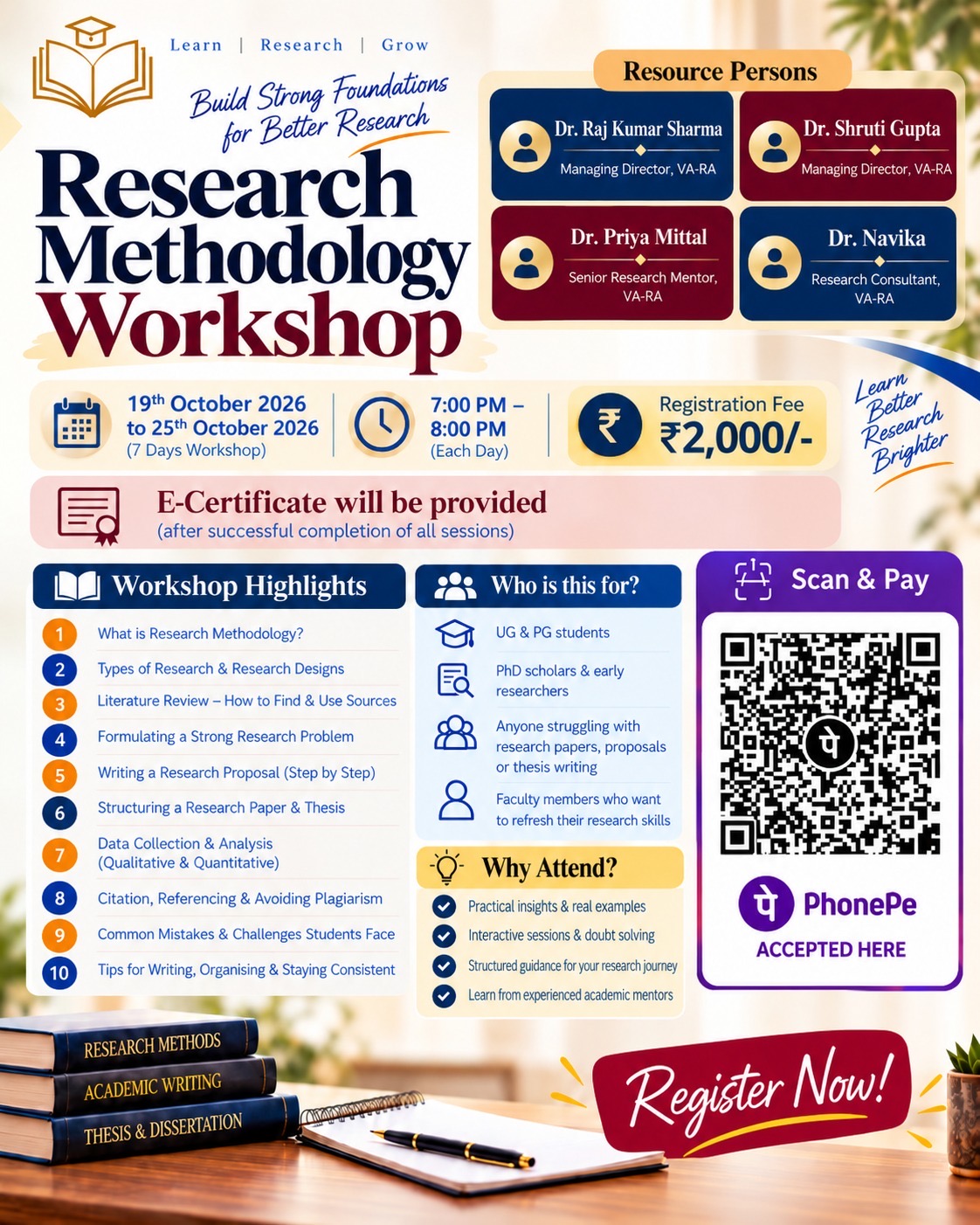 Research Methodology Workshop, 19 to 25 October 2026, registration fee ₹2,000